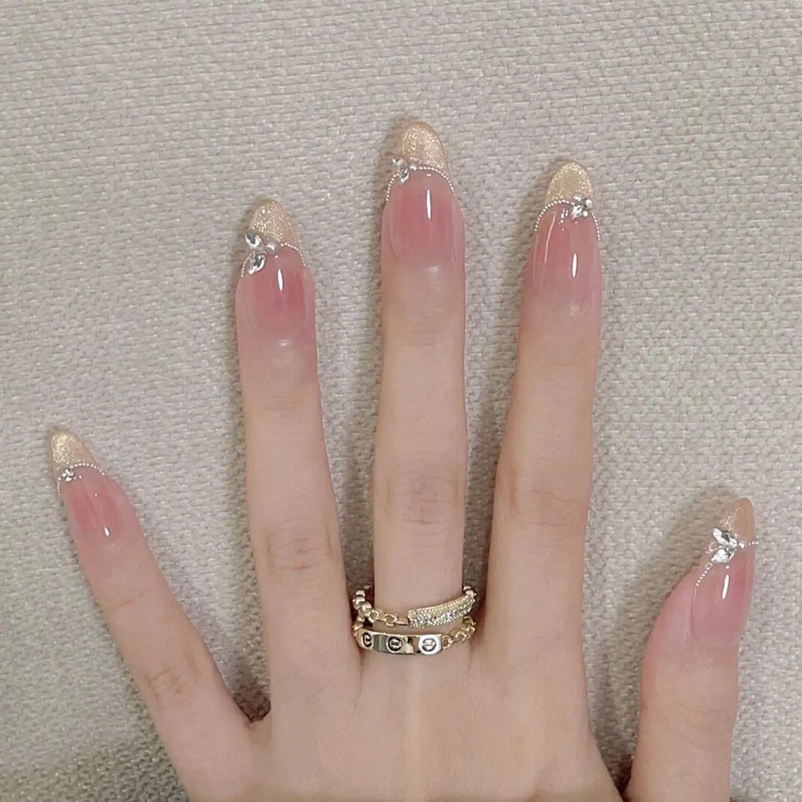 30pcs Almond Press-On Nails, Gradient French Manicure with Pearl & Crystal Rhinestones, Includes Jelly Glue & File, Reusable Daily Use, Almond Fake Nails, Nail Art Design, Almond Shape Nails