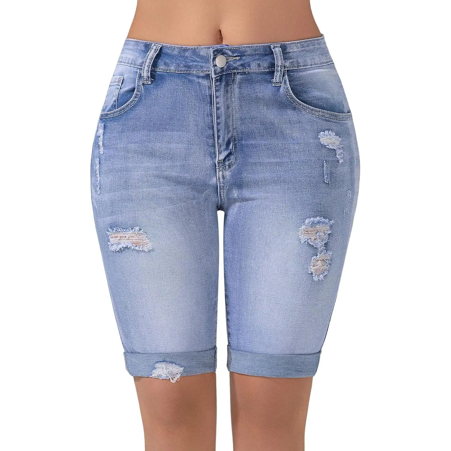 Womens Bermuda Shorts High Waisted Ripped Stretchy Cuffed Denim Shorts