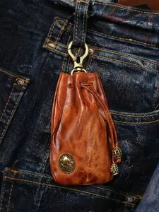 Vintage Genuine Leather Drawstring Pouch, Handmade Mini Coin Purse with Keychain Clasp, Keychain Included, Portable EDC Storage Bag, Premium Gift for Him #leathercraft #edc