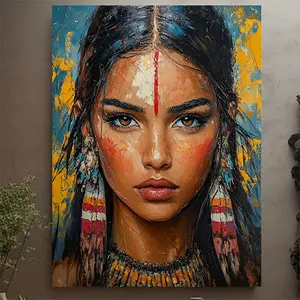 1pc Framed Native American Canvas Painting - Vivid Indian Woman Oil Print, Wooden Frame, Colorful Indigenous Decor, Ideal Housewarming Gift, Cultural Home Mural