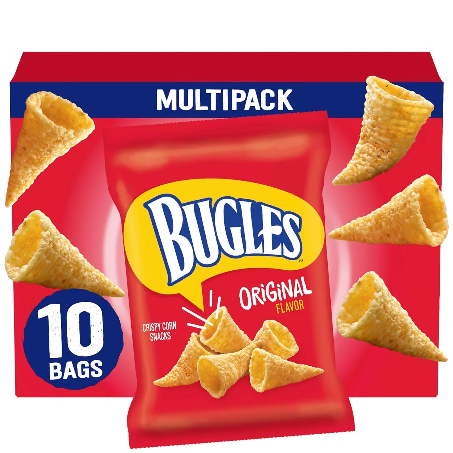 Bugles Crispy Corn Snacks, Original, Multipack of Bags, 10 Ct, 8.75 oz | Individually Wrapped, Classic Savory Cone Shape, Great On-The-Go