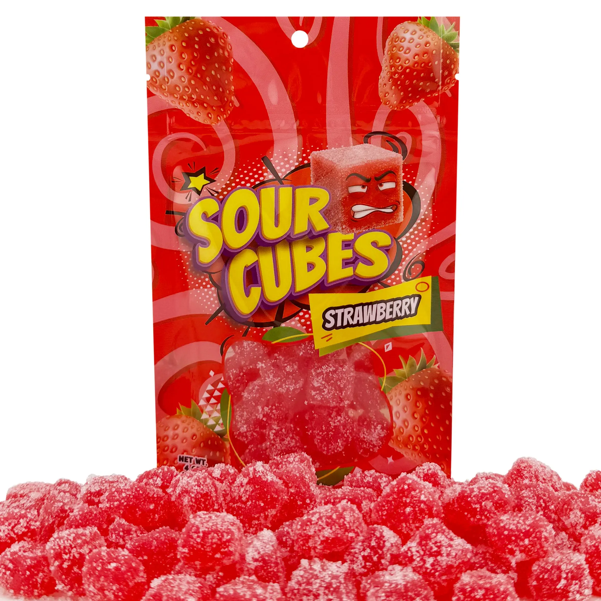 Sour Cubes Chewy Gummy Candy, Tangy Blocks Gummy, Blue Raspberry, Grape, Strawberry, Orange, and Green Apple Flavors, 4 oz Party Size Bag  Strawberry