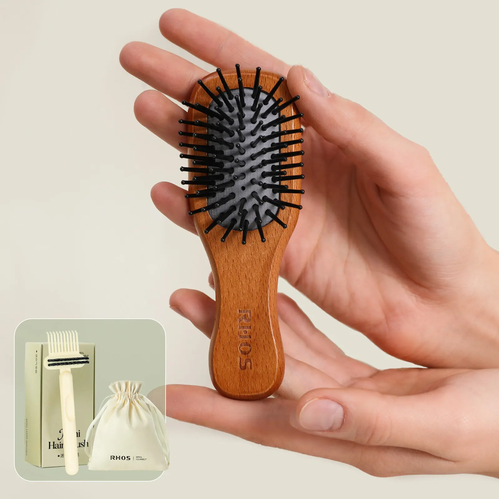 RHOS ON-THE-GO Hair Kit for Women | Mini Travel Hair Brush Set with Cleaner & Spiral Hair Tie | Gym Bag, Pilates & Everyday Touch-Ups, Portable