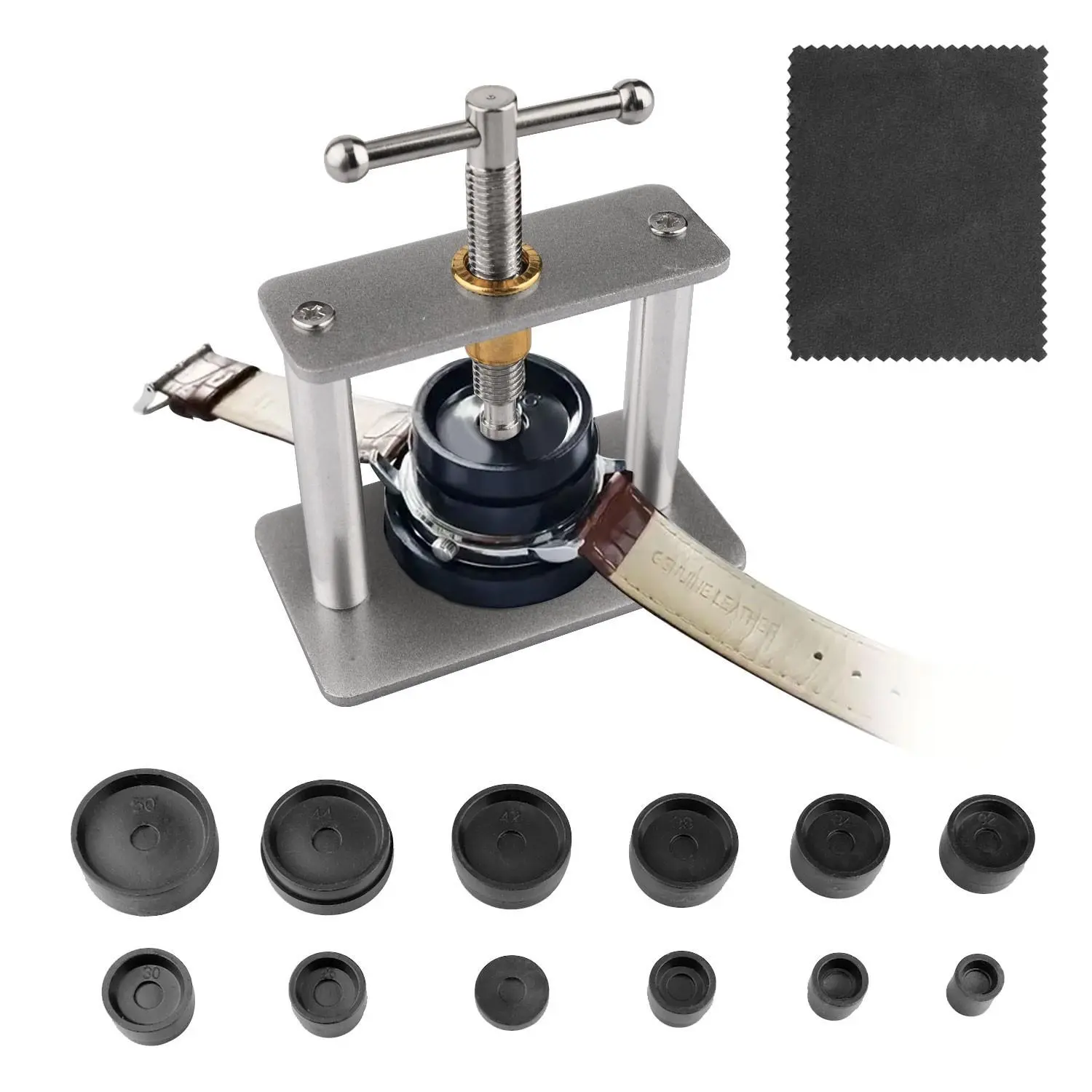 Professional Watch Press Tool Set with 12 Interchangeable Dies+Film, 16Mm – 50Mm Round Dials, Rotary Handle, Vertical Force, Higher Stability, Snap Back Cover Closure Press for Hobbyists’ Battery Replacement & Crystal Fitting