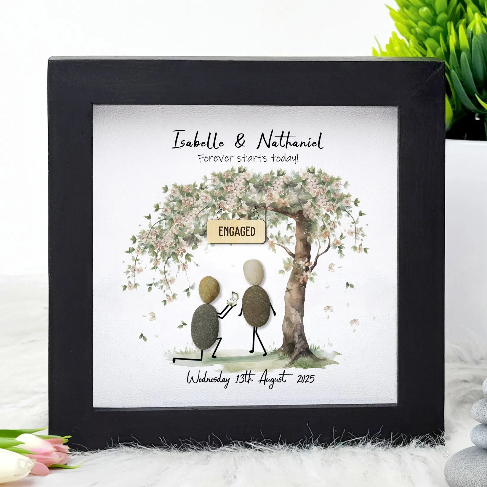 Personalized Engagement Pebble Frame Gift, Natural Pine Wood, Couple Keepsake, Engaged 2025 2026 Gift for Her Him, Couple New Wedding Gift, Anniversary Gift for Him, Weeding Decor