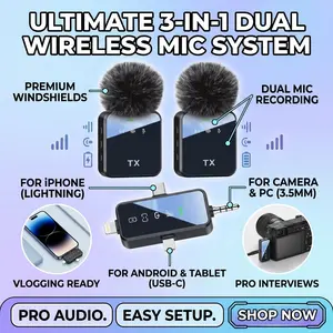 Noise Reduction Wireless Lavalier Mic, Portable 3-in-1 Mini Microphone, Hi-Fi Audio Quality, Wide Working Range for Live Stream Vlog and Video Recording