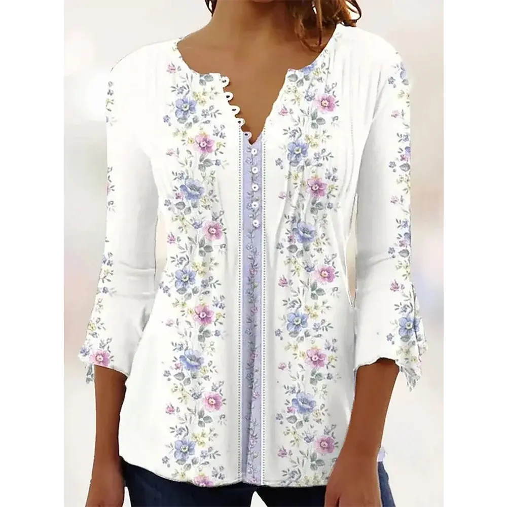 Summer V-Neck T-Shirt High Quality Fashion Seven-Point Sleeve Clothing Street Trend Printed Top Loose Casual Women's Wear