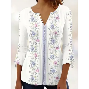 Summer V-Neck T-Shirt High Quality Fashion Seven-Point Sleeve Clothing Street Trend Printed Top Loose Casual Women's Wear