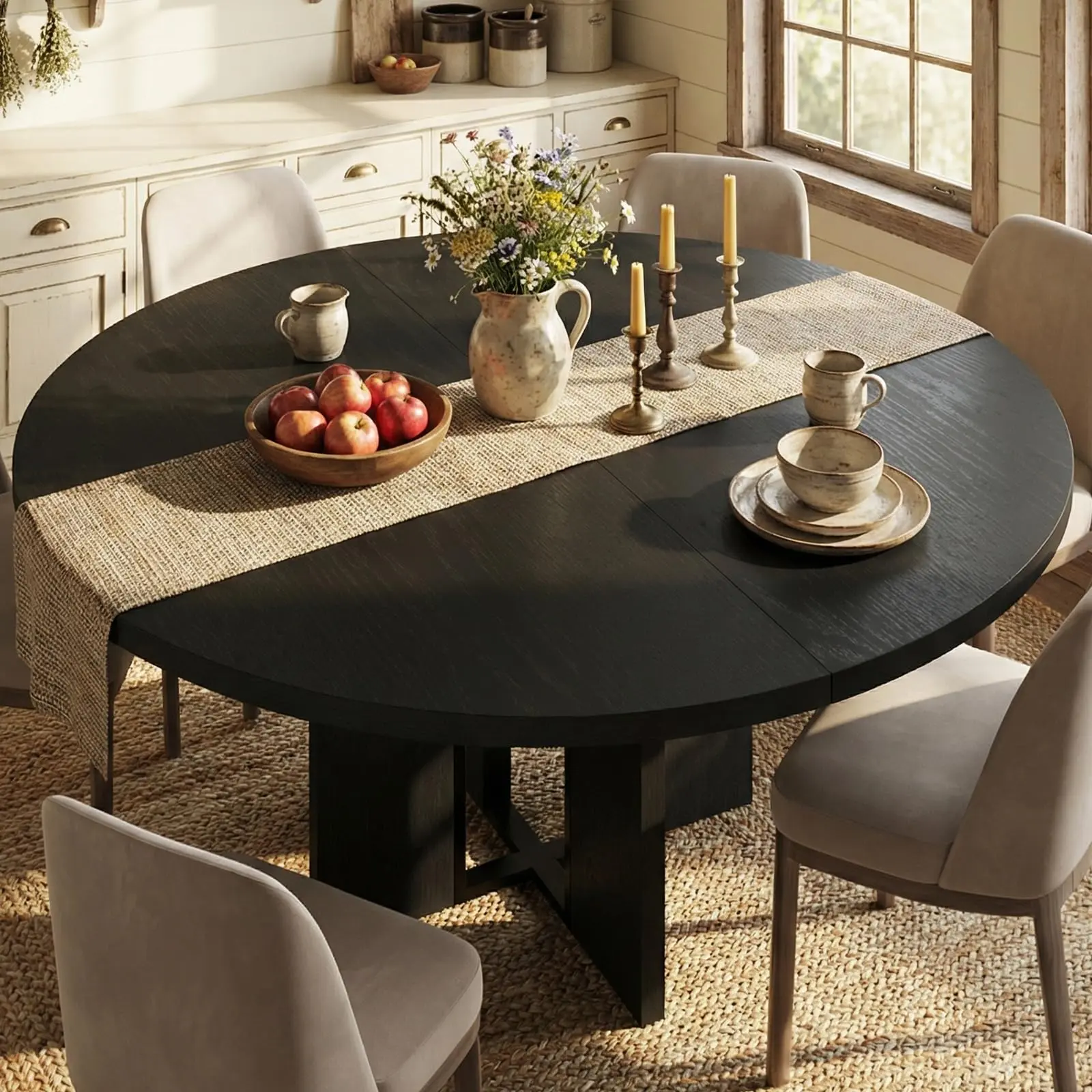 Farmhouse Round Dining Table - 47-63" Extendable Wooden Kitchen Table with Sturdy Metal Support, Wider Legs, Assembly Kit for 4-8 People, Apartment Dining Room Furniture, Assembly Kit Dining Room Furniture