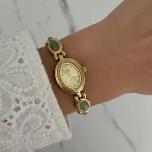 Gold Watch Bracelet Green Stones