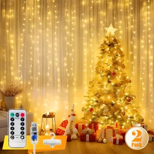 2PACK 300LED Fairy Curtain Lights, 9.8x9.8ft Copper Wire LED Curtain Lights, USB Powered Warm White Curtain String Lights, 8 Modes Christmas Decorations, Hanging Curtain Lights with Remote Control for Bedroom, Gifts Independence Day Decorations mini