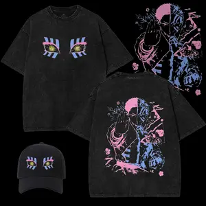 Infinite Castle X Akaza X Kokoro  Washed Shirt, Anime Unisex Style, Loose Fit, Heavyweight Cotton, Streetwear, T-Shirt. Giving out baseball caps