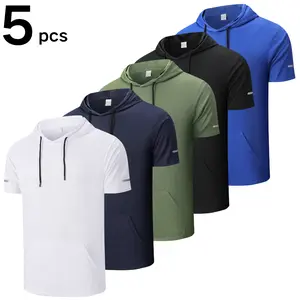 Men's Solid Color Sports Hooded Short Sleeve with Elastic Drawstring Breathable Mesh Kangaroo Pocket & Reflective Strips for Summer Sports & Commuting Wear SpringStatements