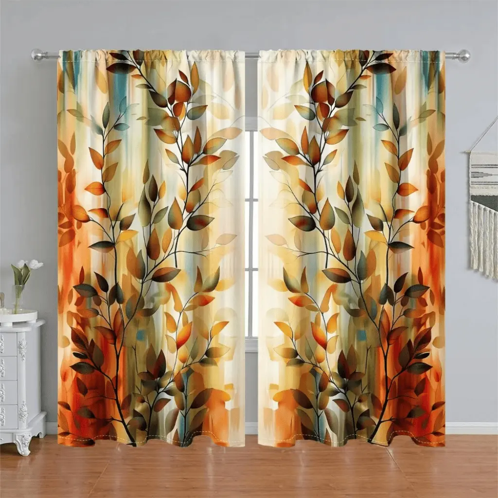 2Pcs Nature Inspired Leaves Print Curtains, Home Decorative Curtain, Ombre Background, Pole Pocket Style, Semi Sunshade Polyester Fiber, Suitable for Home Living Room, Bedroom