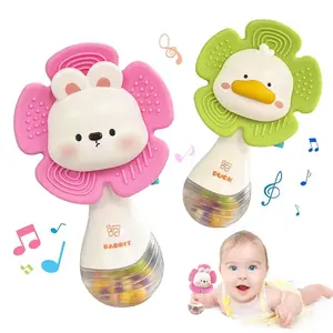 Baby Rattles Teething Toys 3-6 Month Gifts Grasping Rattles for 0-6 Months Infant Toy Sensory Toys with Grasping Shaker Newborn Must Haves Bunny & Duck Shapes Food-Grade Silicone Soft Elastic Rubber - Pacifier Play baby items newborn baby gift toy Teethin