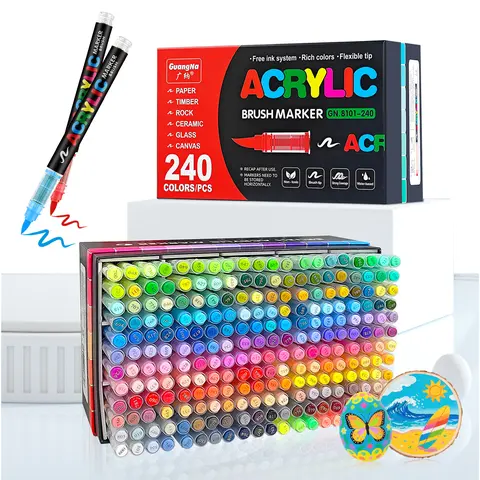 GuangNa Acrylic Paint Markers - 1mm-6mm Elastic Flexible Brush Pen Tip, 120/240/360 Colors, Quick-Drying, Waterproof, Odorless Safe Office Stationery for Artists, Creative Projects