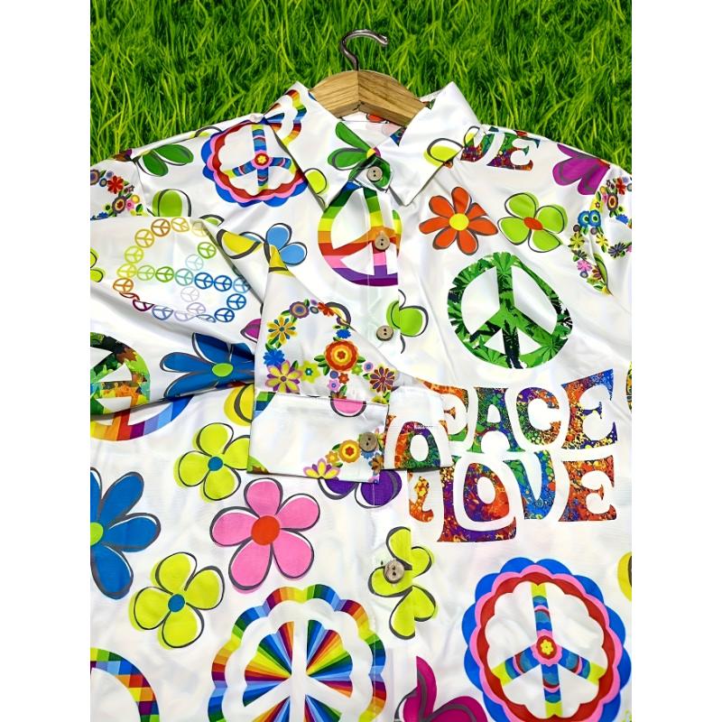 Women's Hippie Floral Print Peace Love Print Long Sleeve Shirt - Casual Button-Up with Vibrant Flower Design, Machine Washable, All-Season Wear, Casual Wear | Peace Symbol Design | Silklike Texture Women's