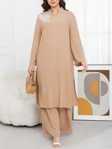 Women's Plus Size Spring New Embroidered Long Sleeve Set, Loose Fit Slimming French Elegant Office Wear, Long Top + Wide Leg Pants Two Piece Set, Womenswear