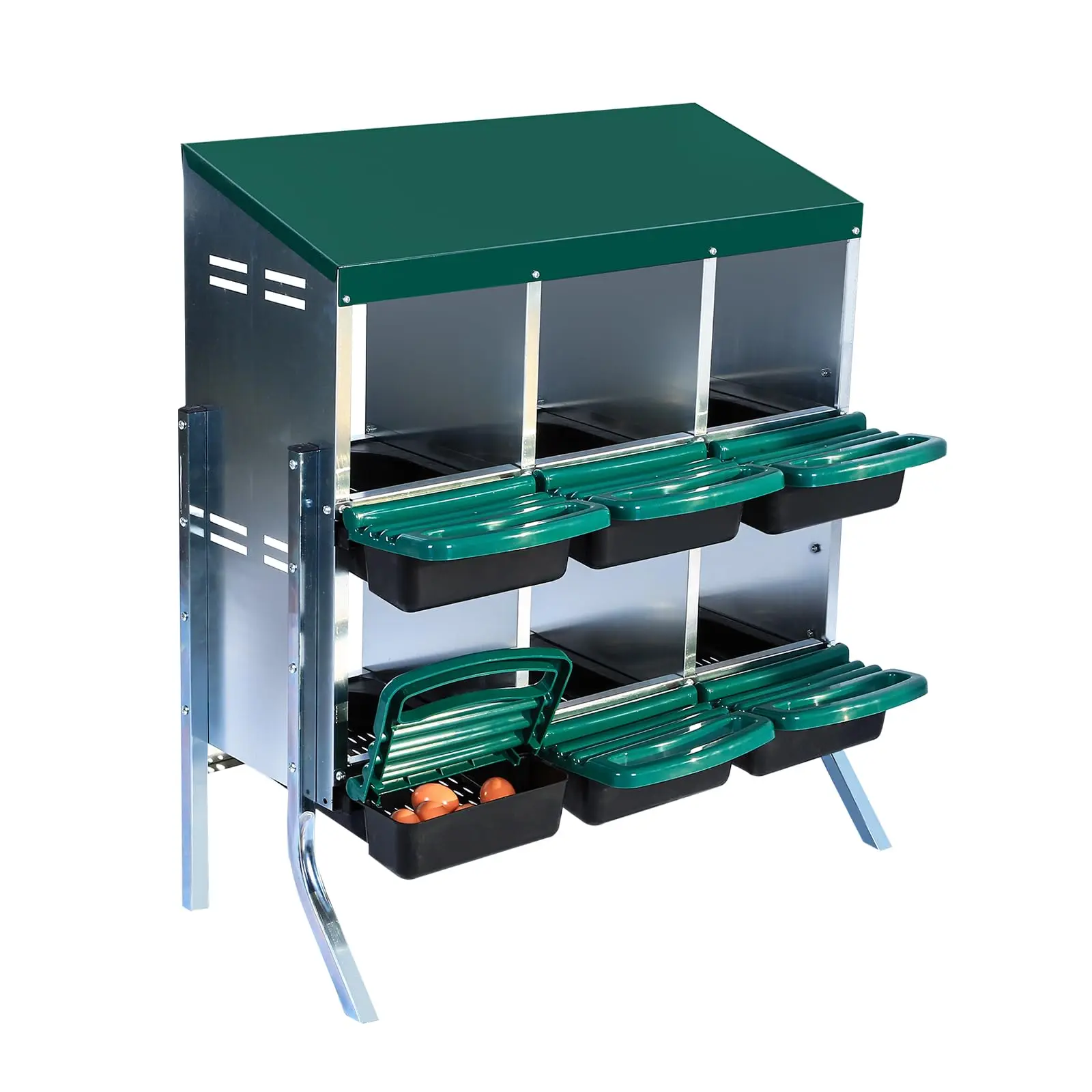 6-Compartment Roll-Away Chicken Nesting Box with Easy Egg Collection, Cleanable Pull-Out Design for Convenient Hen Roosting - Durable&Efficient,Green