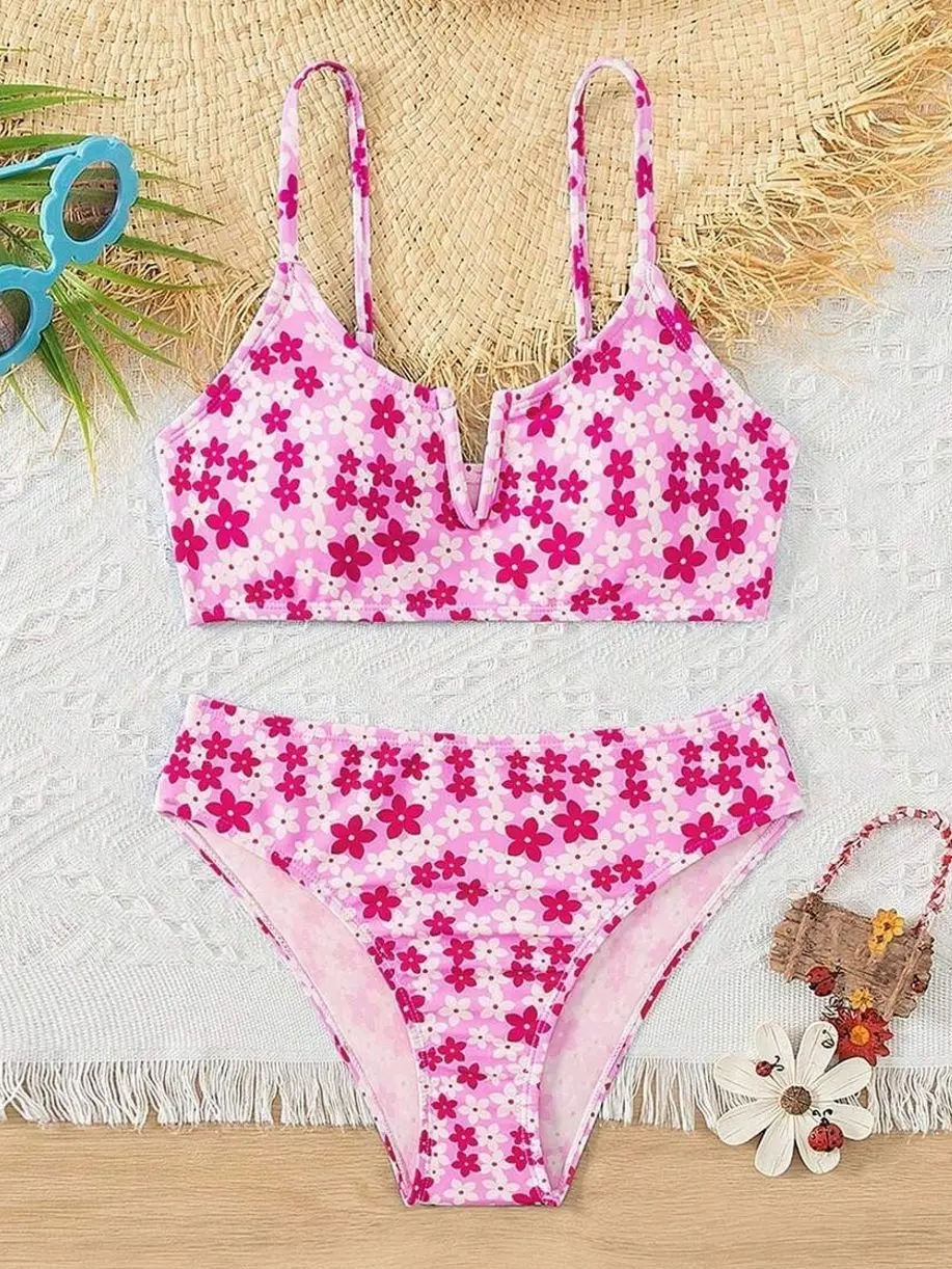 Tween Girl Floral Print Bikini Set - Spaghetti Strap Swimwear for Summer Beach Vacation