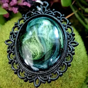 Magical Green Orb Necklace - 30 MM - on Black Chain with Intricate Filigree Frame and Luminous Green Center