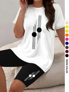 Women's Two-Piece Set   Graphic Print  Short Sleeve Round Neck Top   Printed Tight Shorts  Perfect for Commuting   Daily Wear   Outdoor Activities