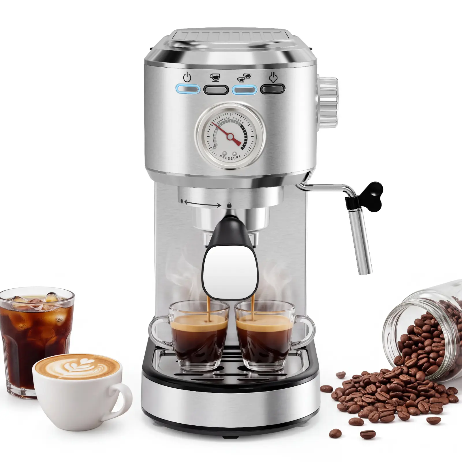20 Bar Espresso Machine with Milk Frother - Stainless Steel Coffee Maker for Espresso, Latte & Cappuccino, Basic/With Pressure Gauge