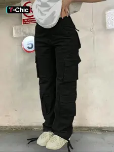 Women's Woven Plain Button Pocket Cargo Pants, Casual Street Drawstring Trousers Fit for Daily Wear, Ladies Bottoms for All Seasons