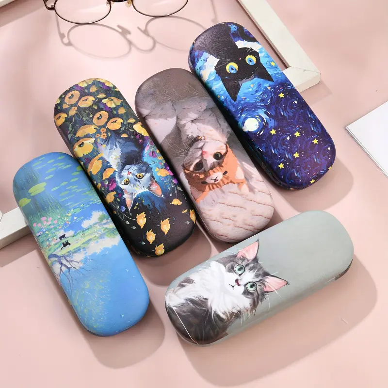 1pc, Creative Six Cats Print Glasses Case, Fashion Glasses Protection Storage Box, School, Office, Couple Glasses Case Sunglasses Holder Clip