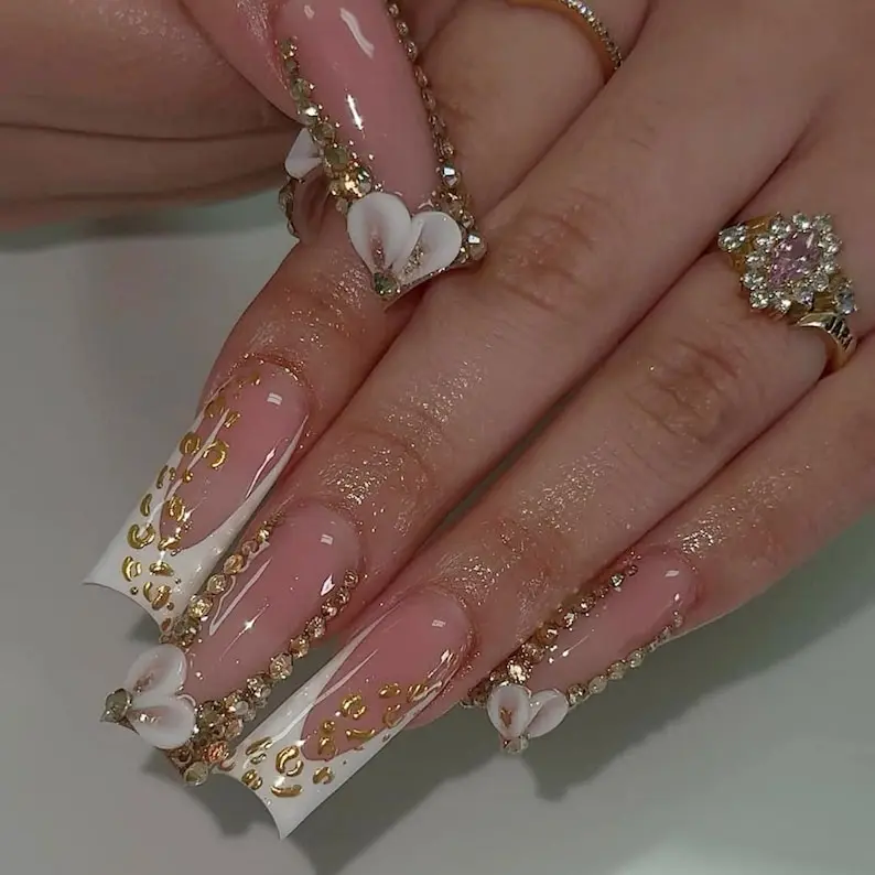 Luxe Gold Press On Nails | White French Tip Nails | 3D Bow Rhinestone Luxury Nails | Handmade Long Square Press Ons