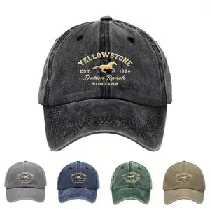 Vintage Men's Baseball Cap - Washed Vintage Print Yellowstone National Park Montana Pattern, Durable Textile Fabric (Teacher's Day, Back-to-School Gift), Baseball Cap, Back-to-School Accessory, Vintage Pattern Six-Piece Cap