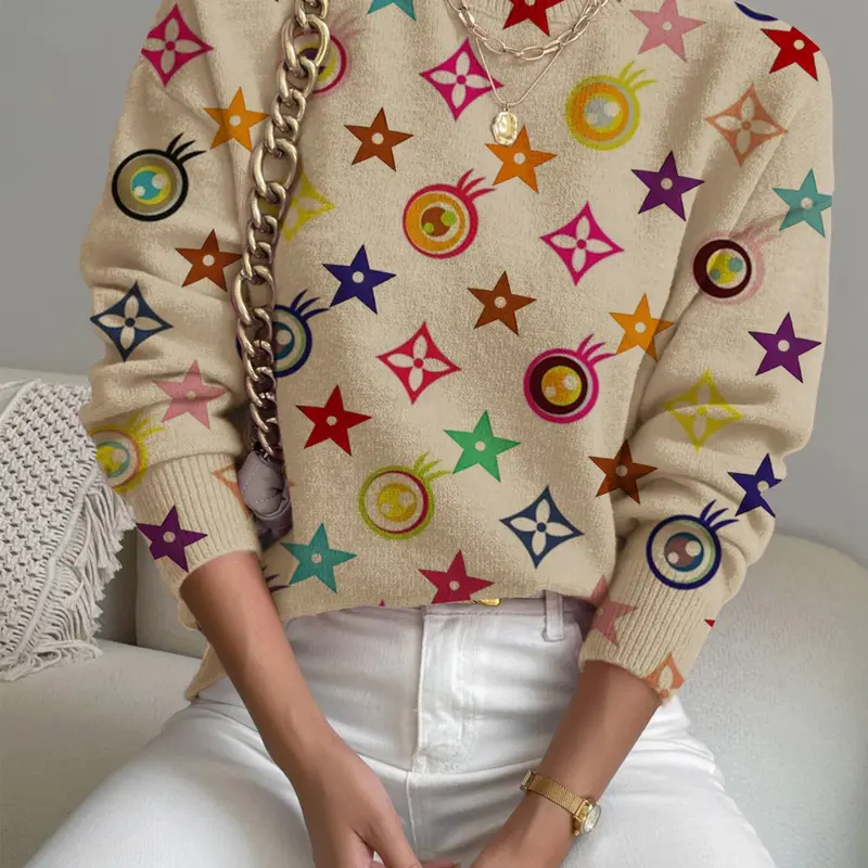 Women's Geometric Pattern Stand Collar Fitted Sweater Tops, Fall Winter Casual Long Sleeve Knitwear, Casual Cozy Pullover, Comfortable Warm Everyday Wear Womenswear Vibe