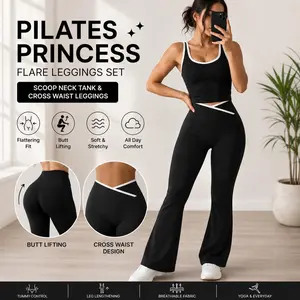 Women's 2-Piece Sleeveless Fitness Yoga Set - Lightweight Activewear Including Yoga Tank Top and Slim-Fit Flared Long Pants with Piping