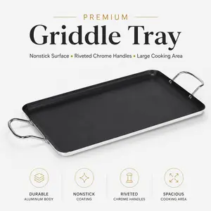 Premium Nonstick Griddle Tray – Large Cooking Surface with Dual Chrome Handles for Pancakes, Tortillas, Sandwiches & More – Durable Aluminum, Even Heat Distribution