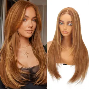ONLYCUTE Ombre Mixed Brown With Blonde Wigs for Women Synthetic Lace Hairline Long Layered Straight Hairstyle 24 Inch