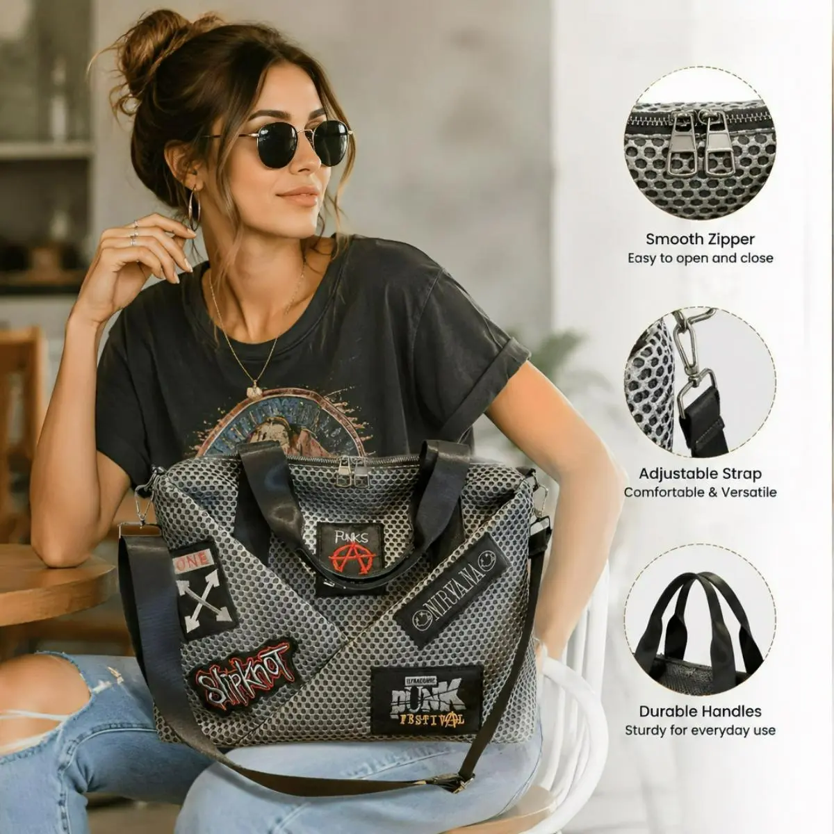 Female Casual All-Seasons Stylish Patchwork Mesh Shoulder Bag - High-Capacity Versatile Crossbody Handbag for Outdoor Hiking & Daily Commuting