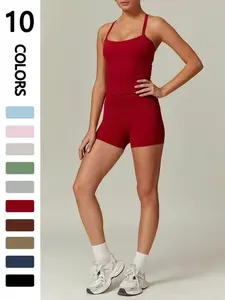 Women's Sporty Quick-Dry Set, Solid Backless Cami Top & Shorts Tracksuit Set, Sleeveless Spaghetti Strap Crop Top & Skinny Shorts, Ladies Sportswear for Indoor Outdoor Wear, Yoga Gym Running Wear, Workout Running Clothes, Yoga Gym Outfits