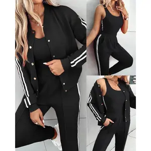 Women's 3-piece clothing with suit stripe tape patch vest button front jacket turn-up trousers with pocket sportswear comfortable women's 2025