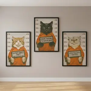 Quirky Cat Prison Wall Decor - Funny  Cat Mugshot Poster - Unique Gift for Cat Lovers & Crazy Cat Ladies - Available in Black Frame, Canvas Wrap, or Unframe Poster