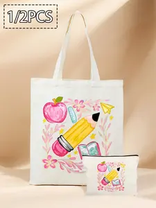 Cute Canvas Handbag with Pencil & Apple Design, Coin Purse, Makeup Bag, Travel & Shopping Essential, Perfect Gift for Women
