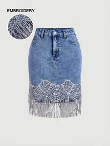 Women's Summer Elegant Tassel Sequin A-Line Long Skirt, Slim-Fitting Denim Straight Tube Dress, Casual High Waist Button Front