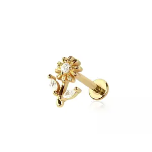 Threadless Push In CZ Crystal Sunflower Flat Back Stud - 316L Stainless Steel