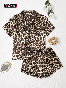 Women's Leopard Print Satin Pyjama Set, Casual Comfy Short Sleeve Pocket Shirt & Elastic Waist Shorts PJ Set, Ladies Summer Sleepwear Loungewear Pajamas
