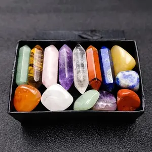 14Pcs Chakra Stones Crystal Point Collection - Point Wands and Polished Tumbled Positive Energy Decor Clear Set stone