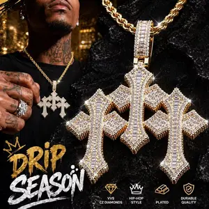 New Classic Retro Three Cross Necklace, Fashionable Zirconia Set Men's Necklace Hip Hop Jewelry  Modern Versatile Accessories