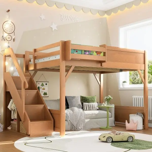 Bellemave Premium Pine Wood Glam Loft Storage Bed Frame - Twin Size Solid Wood Bed with Built-in Wardrobe, Side Shelves, Full-Length Guardrails, Stairs, No Box Spring Needed, Vertical Space Optimization
