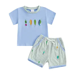 Toddler Boy Fishing Outfits Baby Summer Clothes Short Sleeve Fish Bait Embroidery Tshirt Tops and Plaid Shorts Set