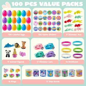 100 Pcs Prefilled Easter Eggs with Assorted Toys  Stickers, Easter Egg Hunt Basket Stuffers Fillers, Party Favors  Classroom Prize Supplies for Kids