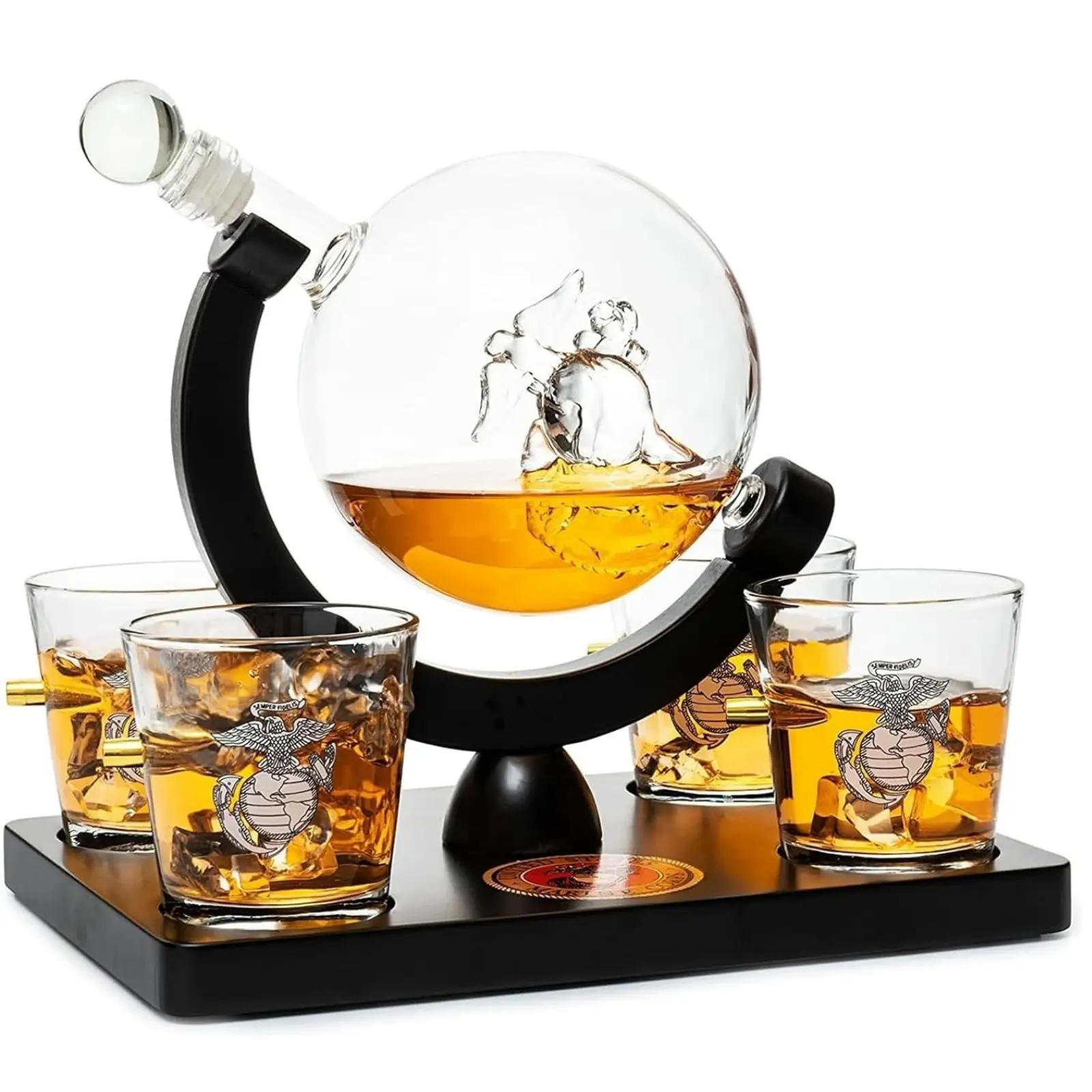 U.S. Marine Globe Whiskey Decanter Set with 4 Liquor Glasses - USMC Gift Set with Mahogany Wood Base & Emblem - USMC Gifts for Men, Bourbon & Scotch Military Gift (29 OZ)