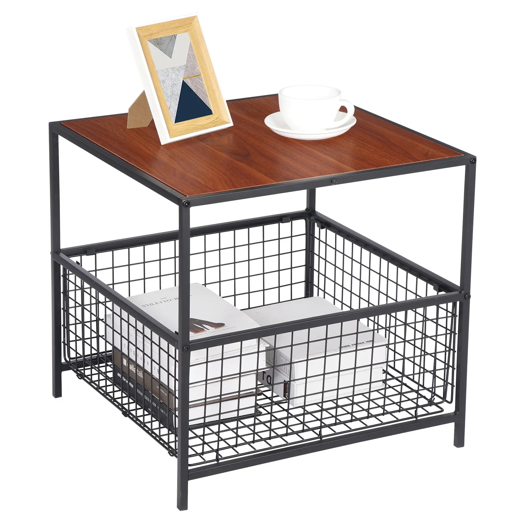 Contemporary Square Foldable Table - Compact Collapsible Design, Load-Bearing Metal Frame, Black Storage Basket, Home Decor Organizer for Home Supplies
